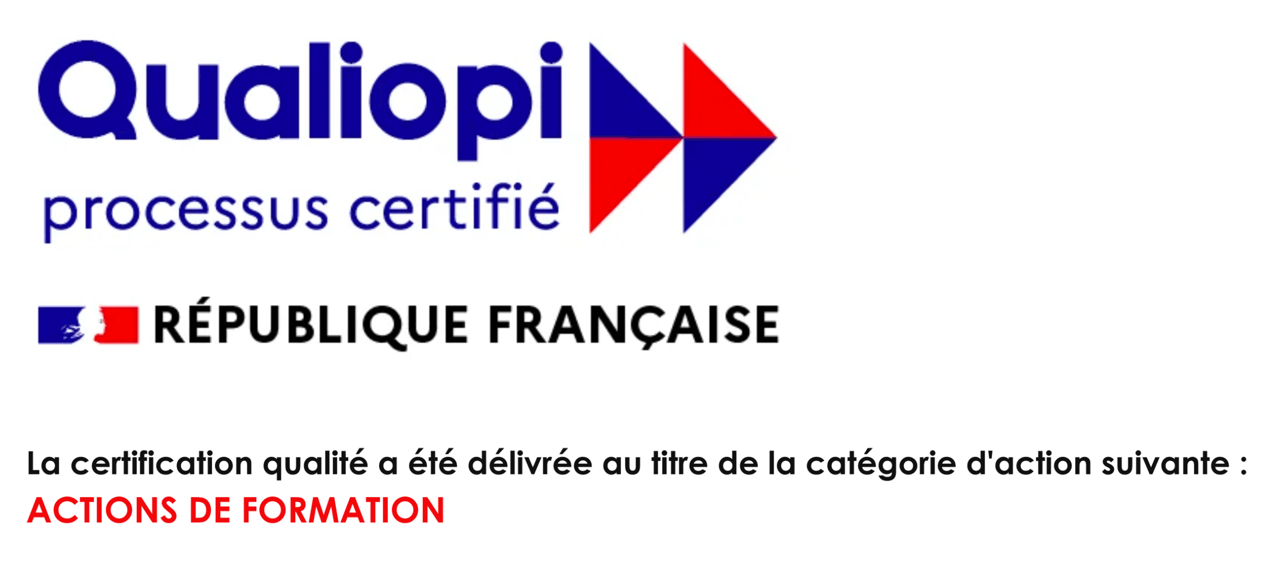 Logo Qualiopi processus certifié – République Française. La certification qualité a été délivrée au titre de la catégorie d’action suivante : Actions de formation.